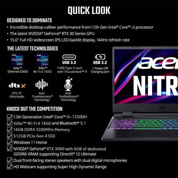 Acer Nitro 5 Gamer  GeForce RTX 3060 15.6" i7-12700H 16GB 512GB SSD 1TB NH.QFMAA.004 - Imagen 4