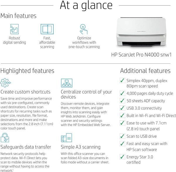 HP ScanJet Pro N4000 snw1 alimentación hojas 6FW08A - Imagen 6