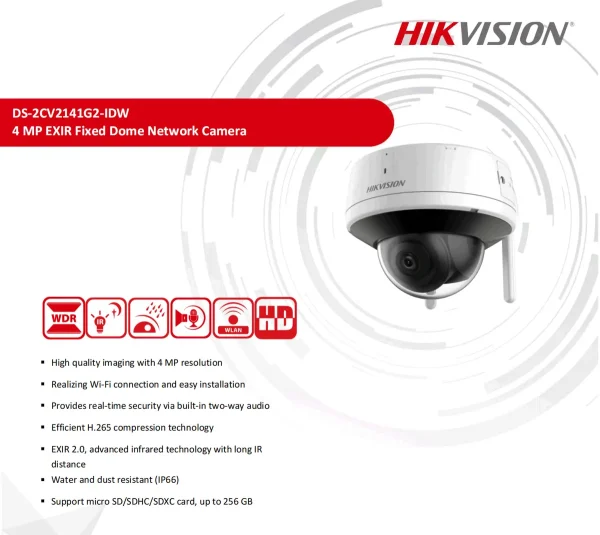 HIKVISION CAMARA WIFI TIPO DOMO IP 4MP DS-2CV2141G2-IDW